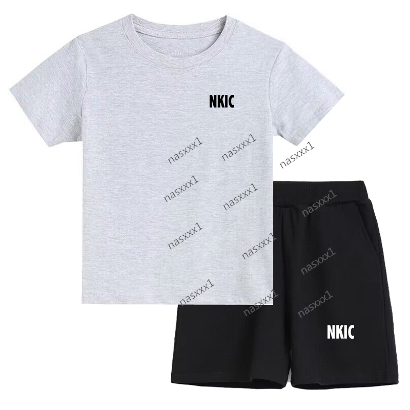 Ensembles de vêtements d'été pour adolescents garçons 100% coton gris T-shirts Shorts 2 pièces grands enfants costumes décontractés à manches cou