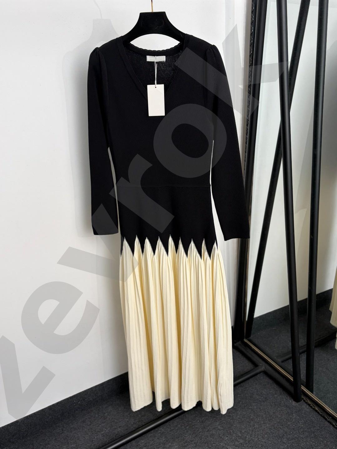 Robe mi-longue en tricot pour femmes, col en V, manches longues, bloc de couleurs, ourlet plissé, robe pull de fête élégante, de haute qualité