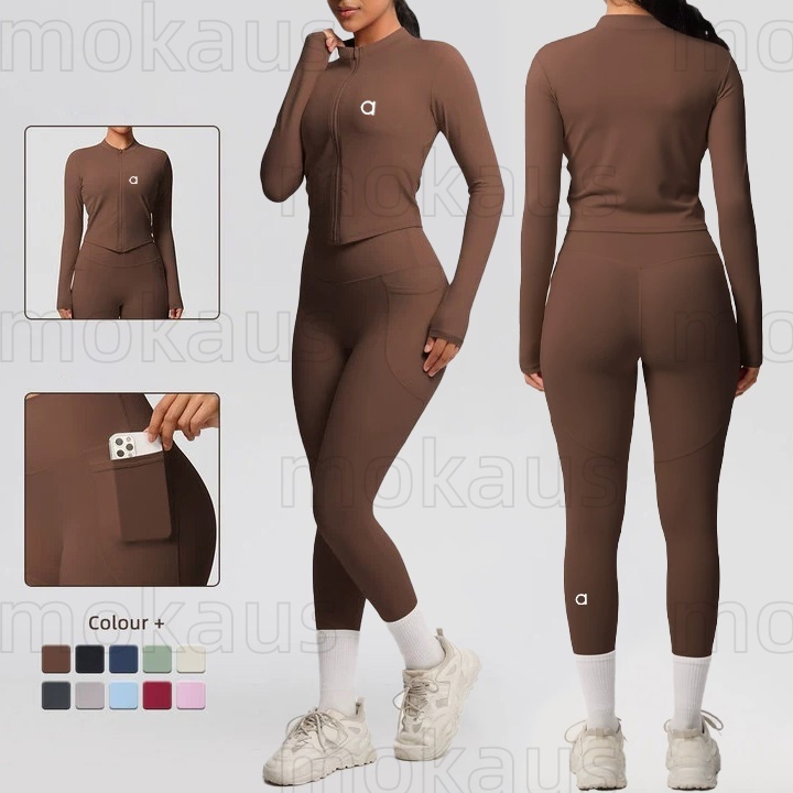 Aloismitys Womens Yoga Suit Feel Athletic Zip Up Long Sleeve Jacket and High Waisted Slimming Straight Leg Pants Yoga Set for Sports Running and Fit
