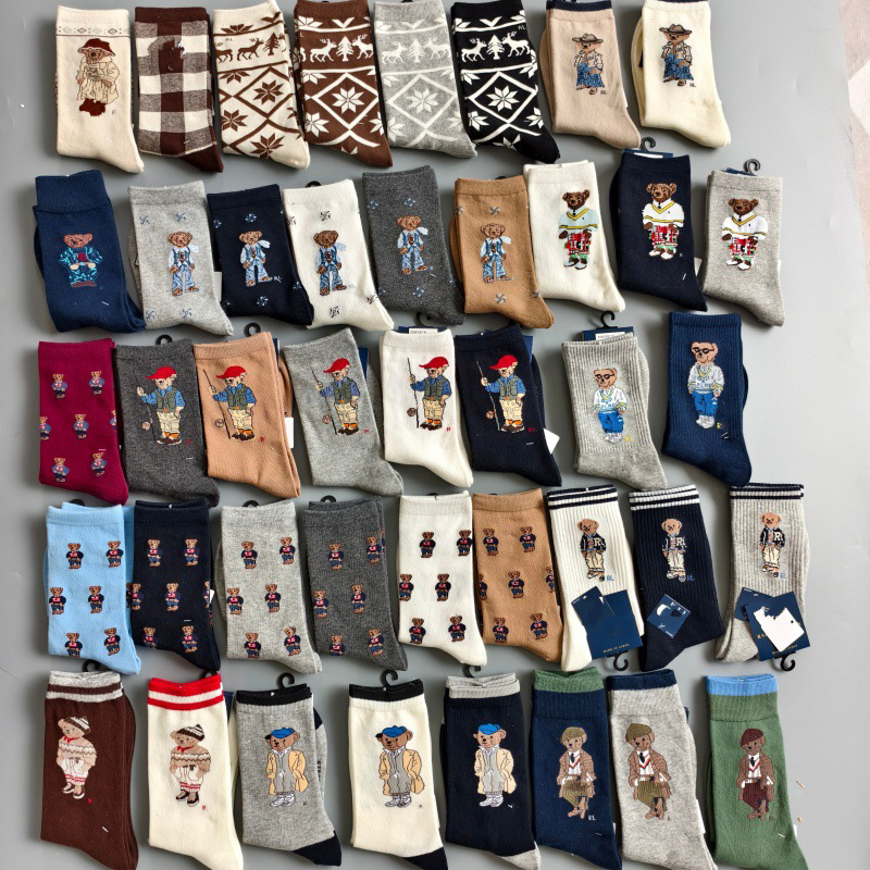 Designer Mens 100% Cotton Crew Socks 3 Pairs Pack Little Bear Pattern Long Socks Breathable Sweat Absorbing Stockings for Men and Women
