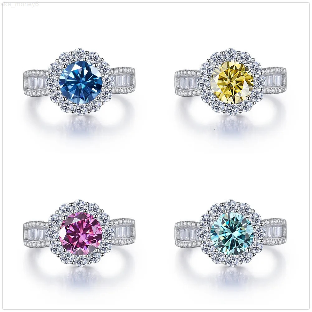 Round Shape 2 Carat Pink Royal Blue Color Moissanite Ring S925 Sterling Silver Women Engagement Luxury Wedding Dating Ring