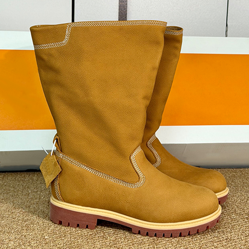 Mens Womens Premium Pull On Boots Designers 6 Inch Waterproof Unisex Boots Luxury Wheat Color Pebbled Leather Slouchy Mid Calf Boots Rubber lug outs