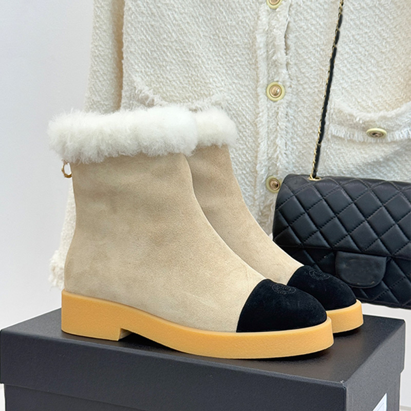 Luxury Designer Womens Fur Snow Boots Personalized Apricot Color Splicing Black Plush Back Zipper Ankle Boots Womans Outdoor Skiing Sports Wearing S