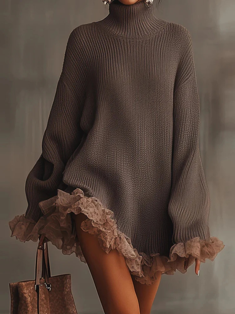 Long Sleeve Lace Patchwork Long Sweaters Women Autumn Turtleneck Knit Elegant Pullovers Casual Solid Lady Mini Dress Sweater 261008