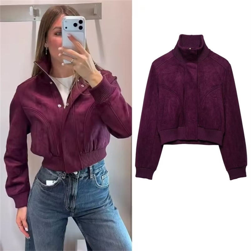 Guobioziy Fall Purple Women's Jacket Long-Sleeve Stand Collar Suede Short Jacket Parka Stylish and Trendy 261008