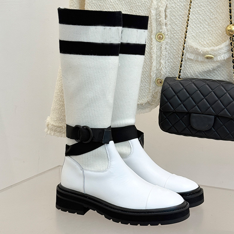 Diseñador de moda para mujer Botas de calcetín de suela gruesa Botas altas de punto de remiendo de cuero de becerro clásico Ropa casual para mujer a