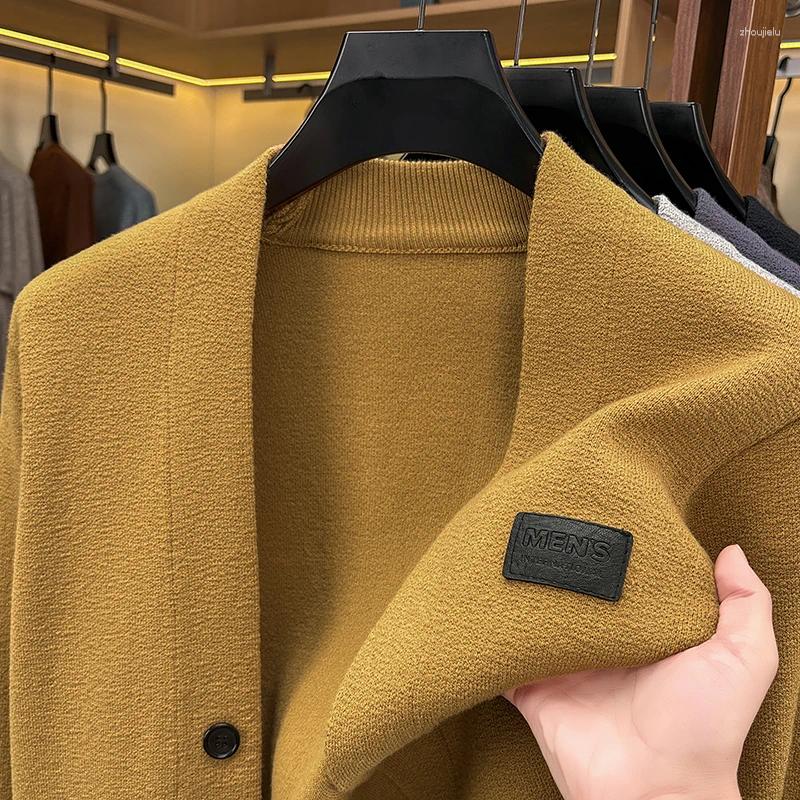 Luxury Fashion V-neck Men's Knitted Cardigan High-quality Brand Embossed Design Autumn Comfort Buttons Sweater Shawl Coat