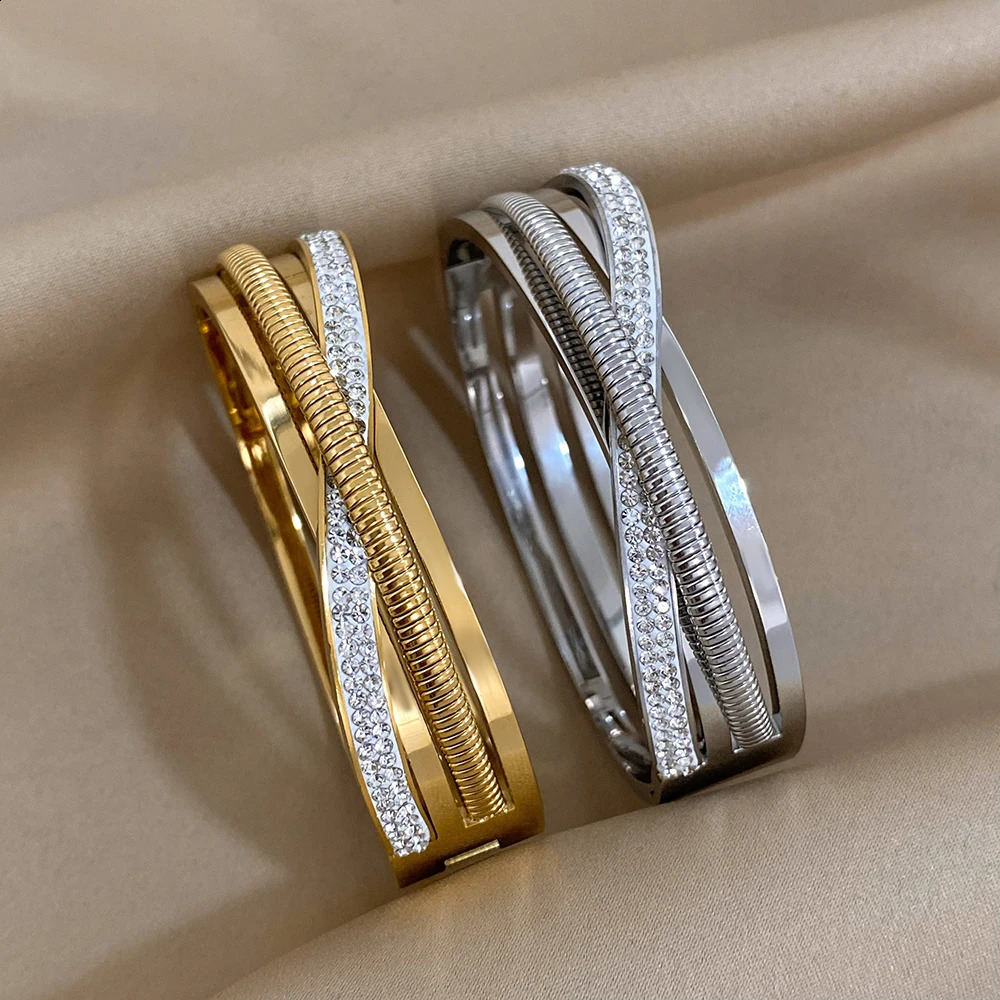 Unique Cross Stainless Steel Bracelet Women's Rhinestone Cuff Bangle Layered Thread Bracelets Vintage Party Jewelry Accessories 261009