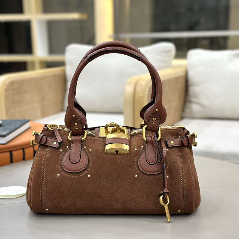 Paddington bag Brown Suede Leather Handbag Suede Top Handle Bag Shoulder bag Crossbody Bag Vintage Padlock Key Design Women Fashion Bags commute bag