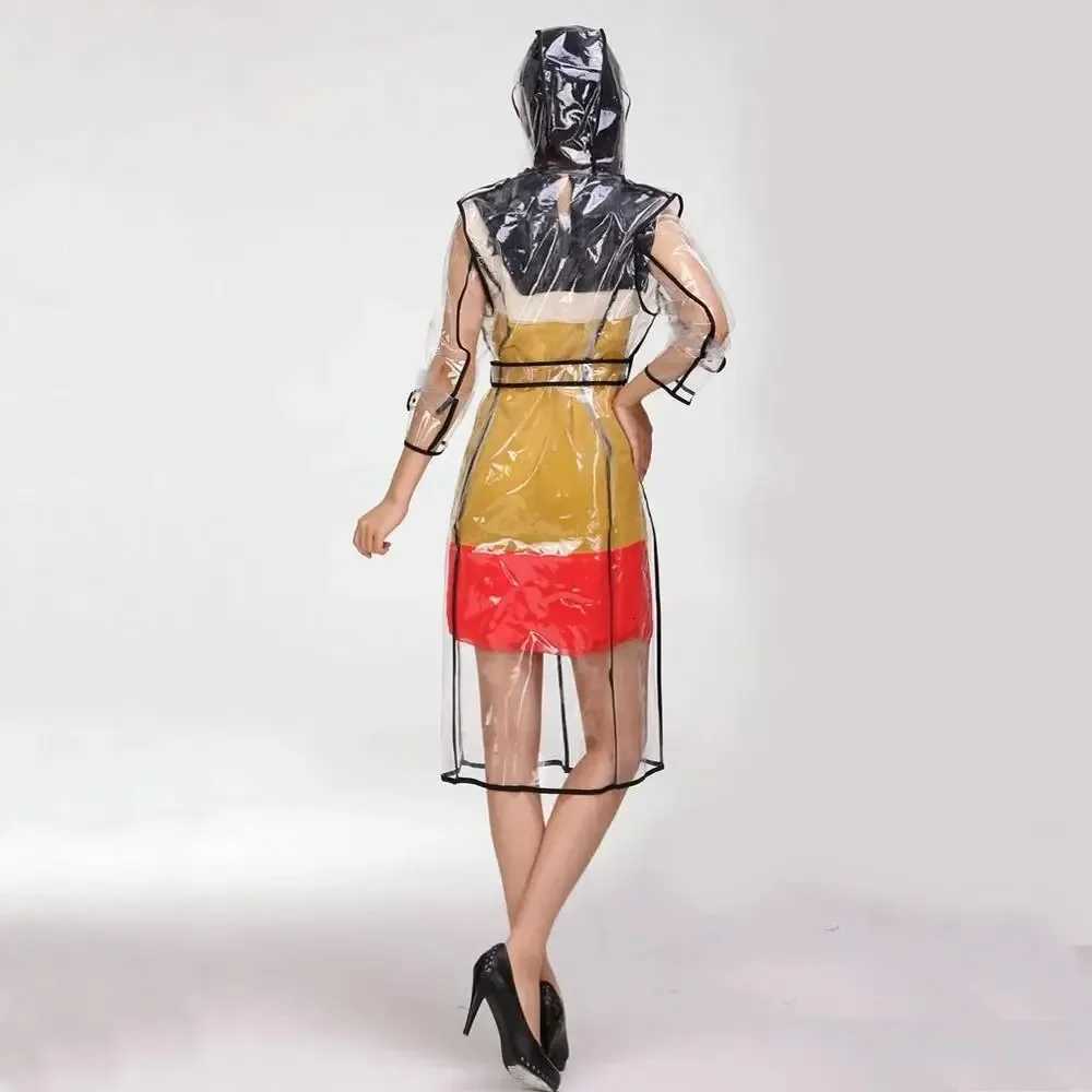Clear Women's Raincoats Transparent Plastic Long Raincoats Women Men Waterproof Fashion Hooded Jackets Coats With Belt 2024 NewW261008