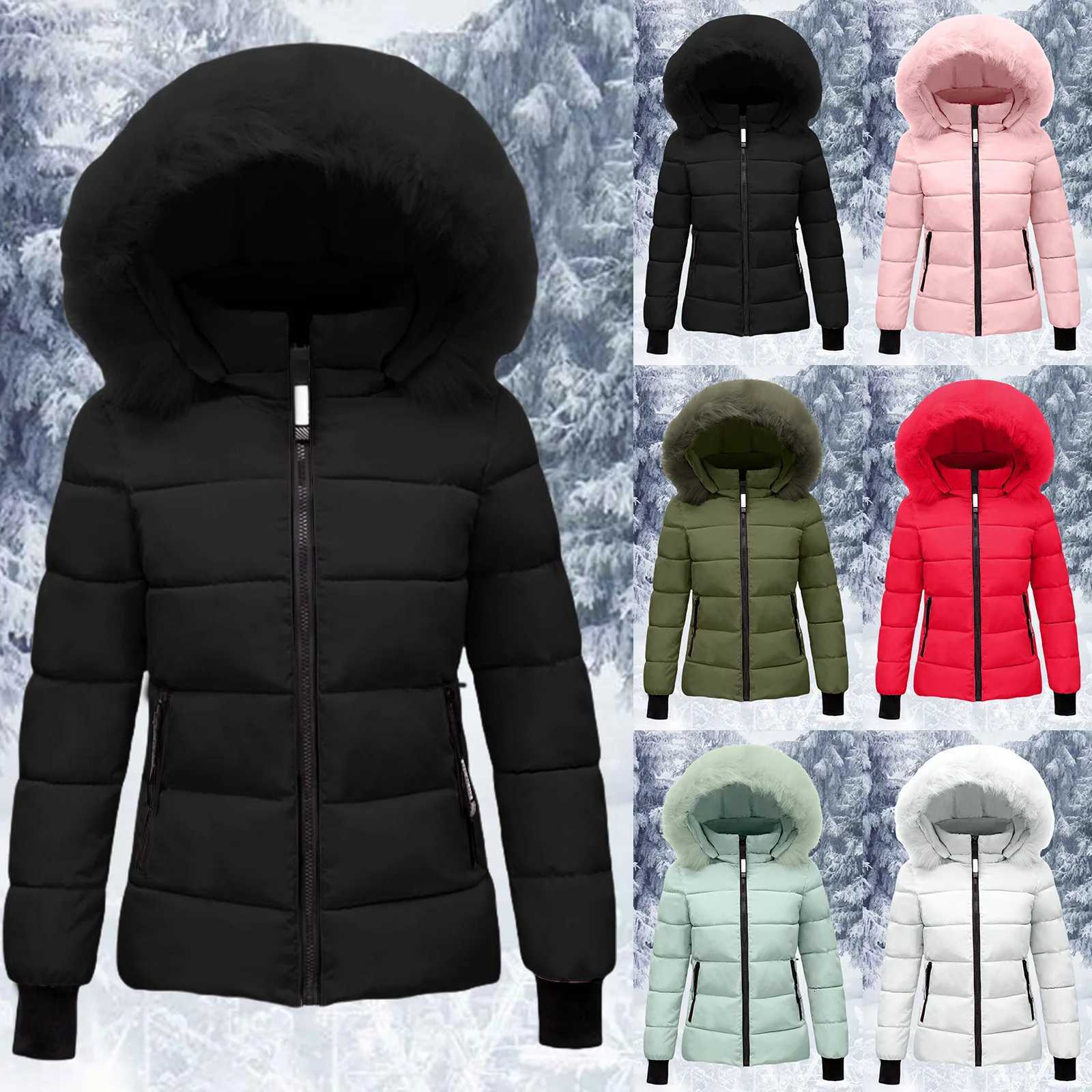 Thicken Women's Down Parkas Quilted Jackets Plush Hooded Puffy Long Sleeve Zip Up Down Coats For Skiing Women Autumn Winter Large Size Parkas J