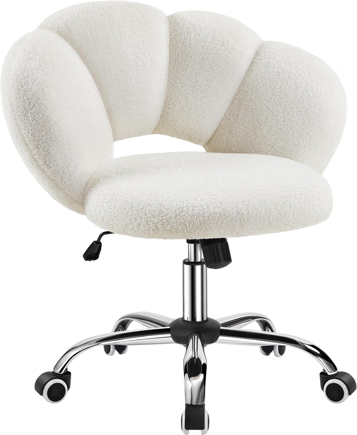 White Petal Boucle Makeup Vanity Desk Chair with Wheels, Swivel Soft foam-padded boucle fabric fits vanity, bedroom, office or sewing desks adjustab