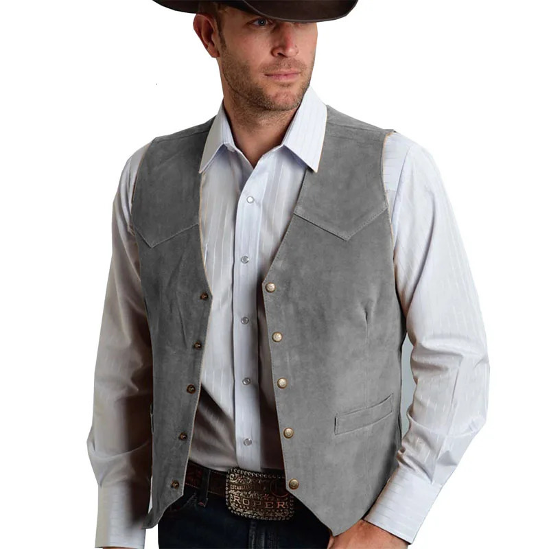 Western Cowboy Suede Waistcoat Brown Vintage Faux Leather Vest Button-Down Casual Sleeveless Jacket for Casual Wear 261008