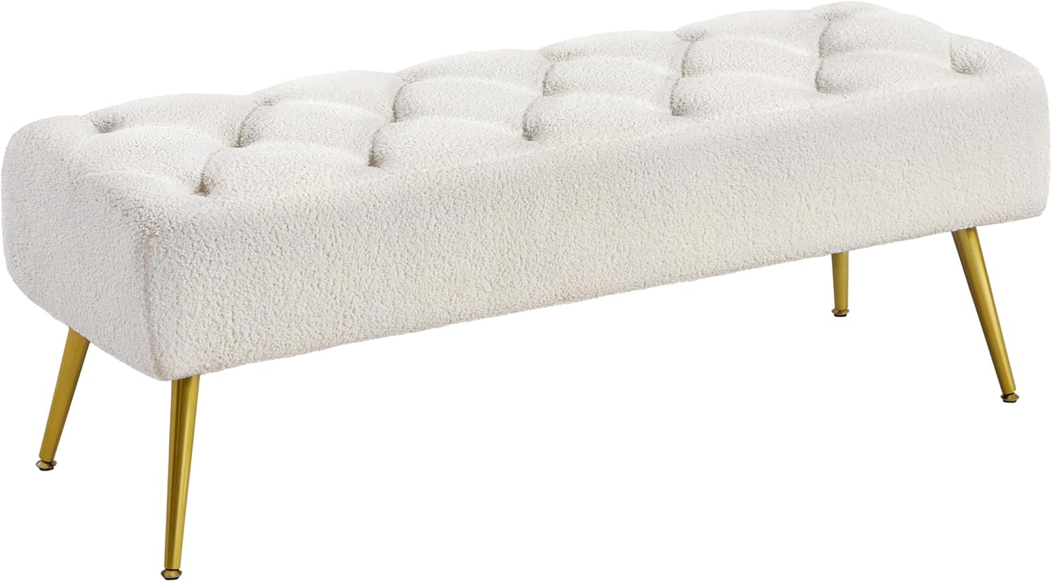 45in Upholstered Boucle Ottoman Bench Seat with Gold Legs, Ivory Tufted Upholstered Bench Seat, Bed Bench with Tapered Gold Metal Legs, Sized for Wi