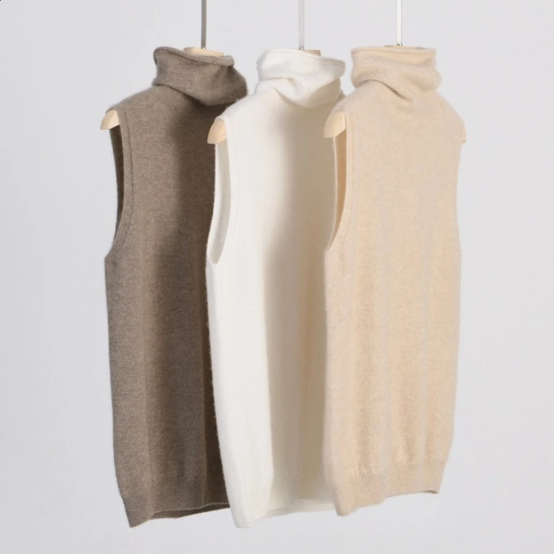 Women 100% Merino Wool Sleeveless Pullovers Turtleneck Sweater Waistcoat Wool Knitwear Spring Autumn Winter Fashion Vest Tops 261008
