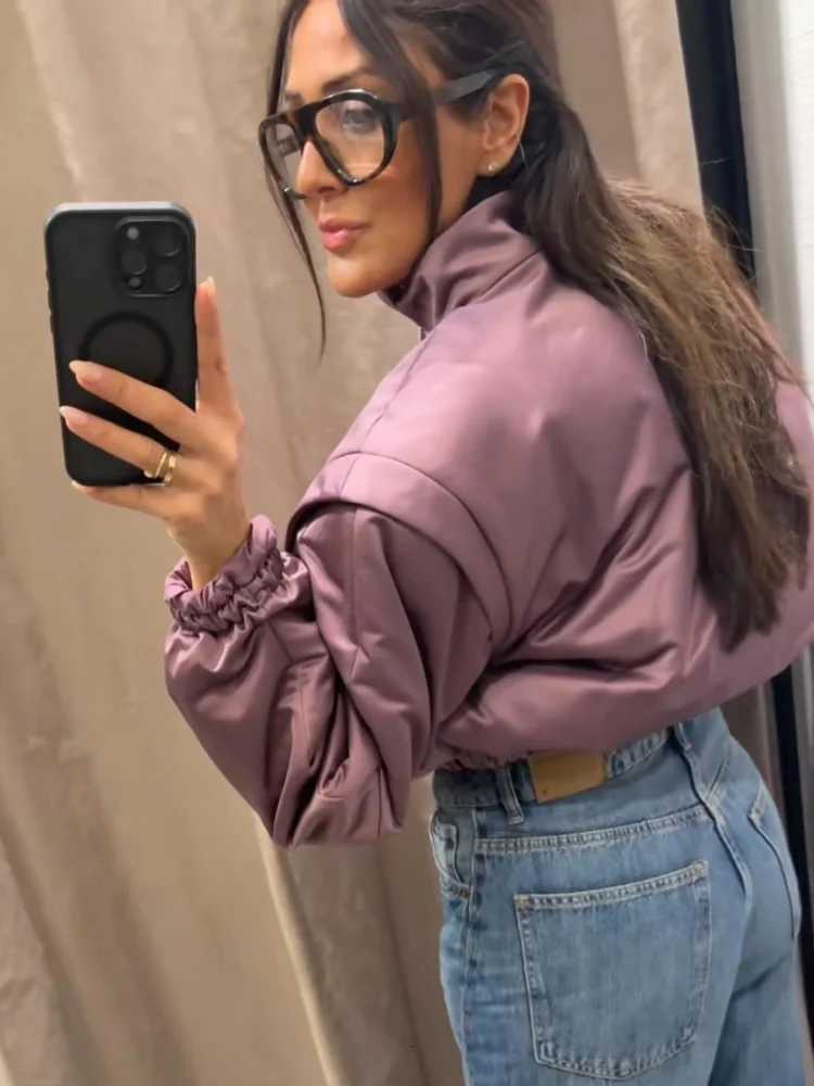 Parkas Women's High Down Street Women's Bomber Jacket Coat Loose Fit Stand Collar Long Sleeve Crop Tops 2026 New Lady Outerwear Casual Dai
