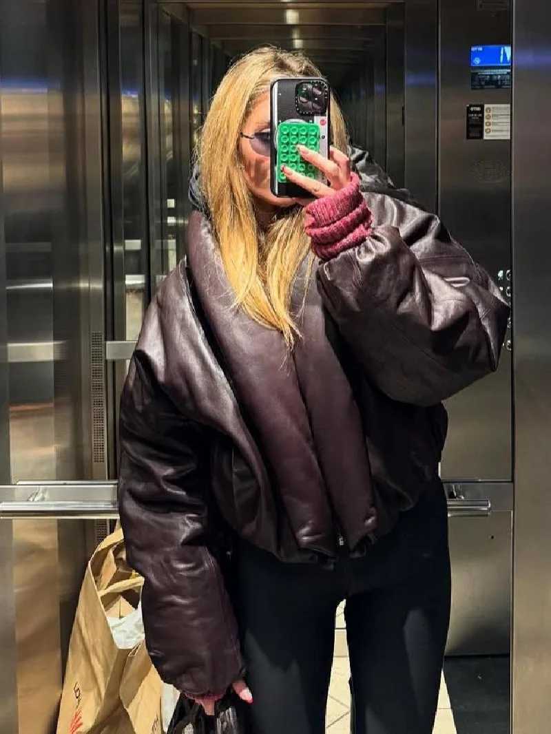 2025 Women's Down Parkas New Fashion Women Autumn Winter Warm Crop Faux Leather Jacket Coat Front Zipper Long Sleeve Loose Outerwear Streetwear