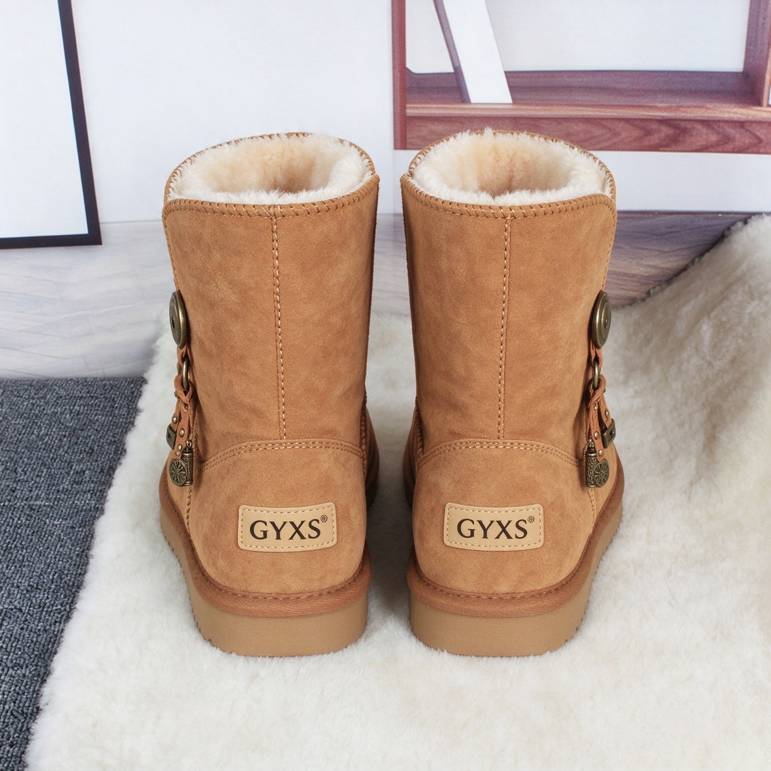 GYXS Brand Designer Shoes New Womens Short Snow Boots Classic Fashion Pendant Daily Boots Cowhide Keep Warm Cotton Shoes