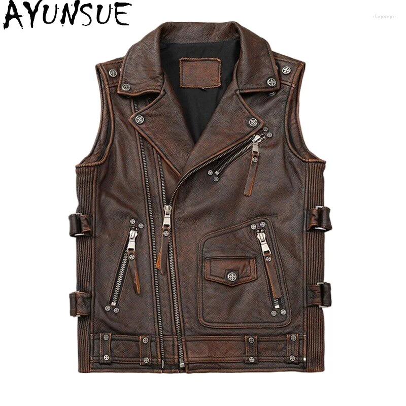 Genuine Cowhide Leather Vest For Man Fashion Zippers Vintage Real Cow Jacket 8XL Sleeveless Waistcoat Motorcycle
