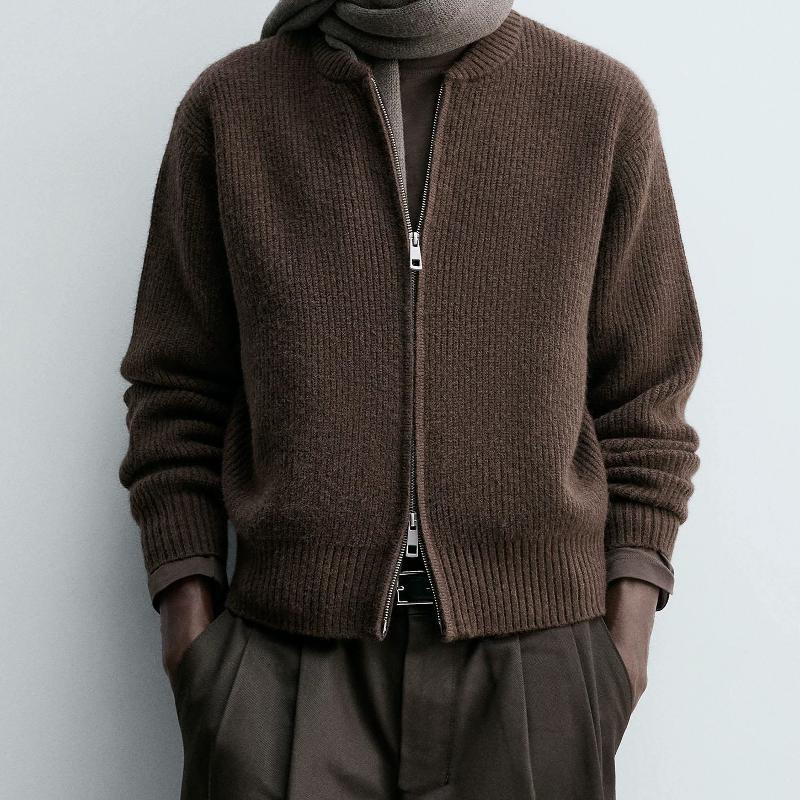 Cardigan en tricot à fermeture éclair pour hommes de haute qualité, manteau pull ample à col montant de couleur unie, haut chaud épais décontract