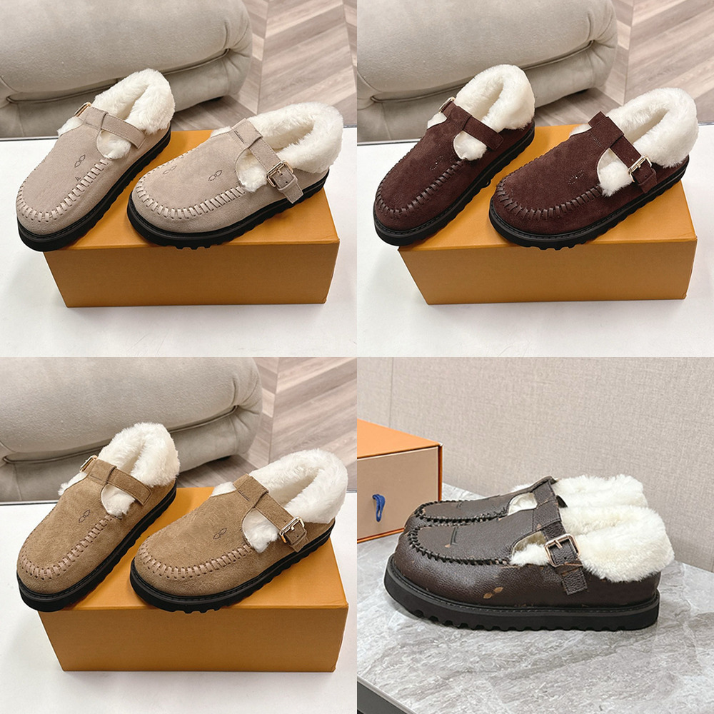 mule woman designer matte sheepskin wool buckle round toe wide thick sole home indoor outdoor luxury comfortable beige khaki brown gold retro casual