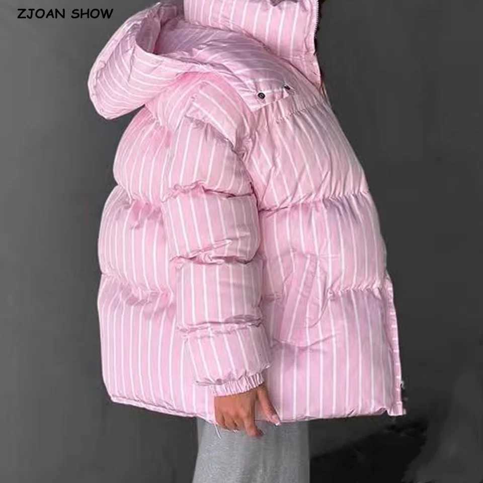 Parkas Women's New Down Winter Fashion Women Pink Stripes Zip Up Bread Parka Coat For Woman Removable Hat Hooded Long Sleeve Outerwear J261008