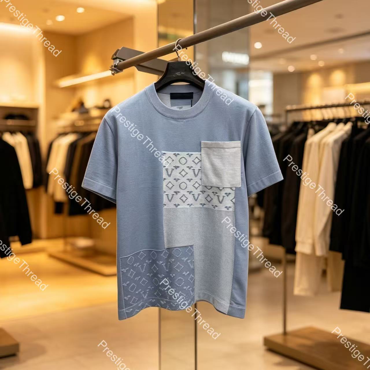 26 Early Autumn Series Printed Denim Patchwork Crew Neck Knit Designer Men's T-Shirt with High-Quality Jacquard Letters Short Sleeve