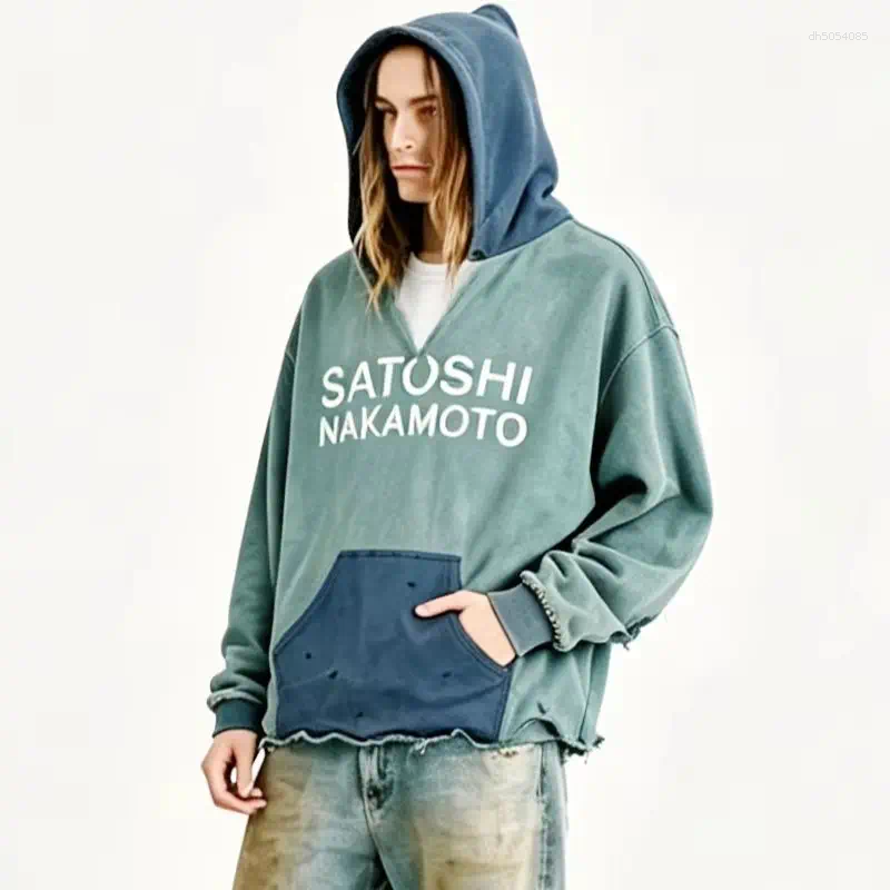 Vintage Washed Satoshi Hoodie Distressed Hem Rivet Cuff Cotton Street Sweatshirt For Lovers