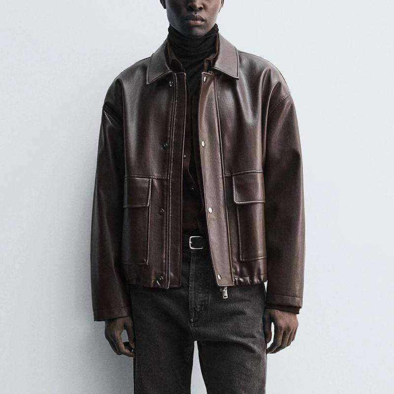 Veste en cuir PU pour hommes, ample, Cargo, col à revers, multi-poches, coupe-vent, manteau en Faux cuir, Streetwear