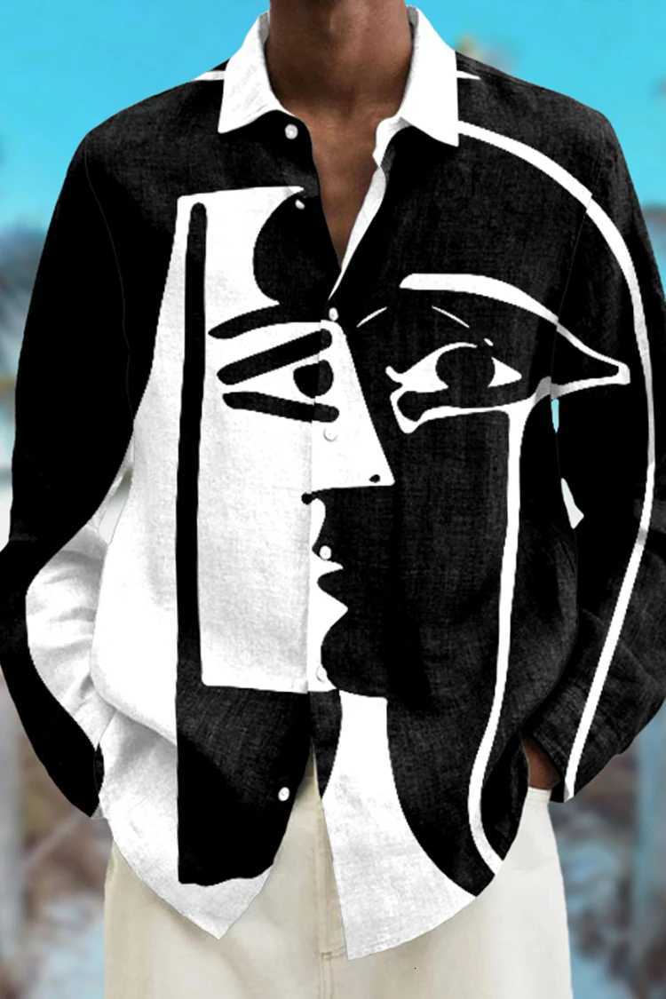 Dress Shirts 2024 Men's Fashion Abstract 3D Printed Long Sleeve Shirts Simple Black And White Color Scheme men's Tops Casual Lapel Button