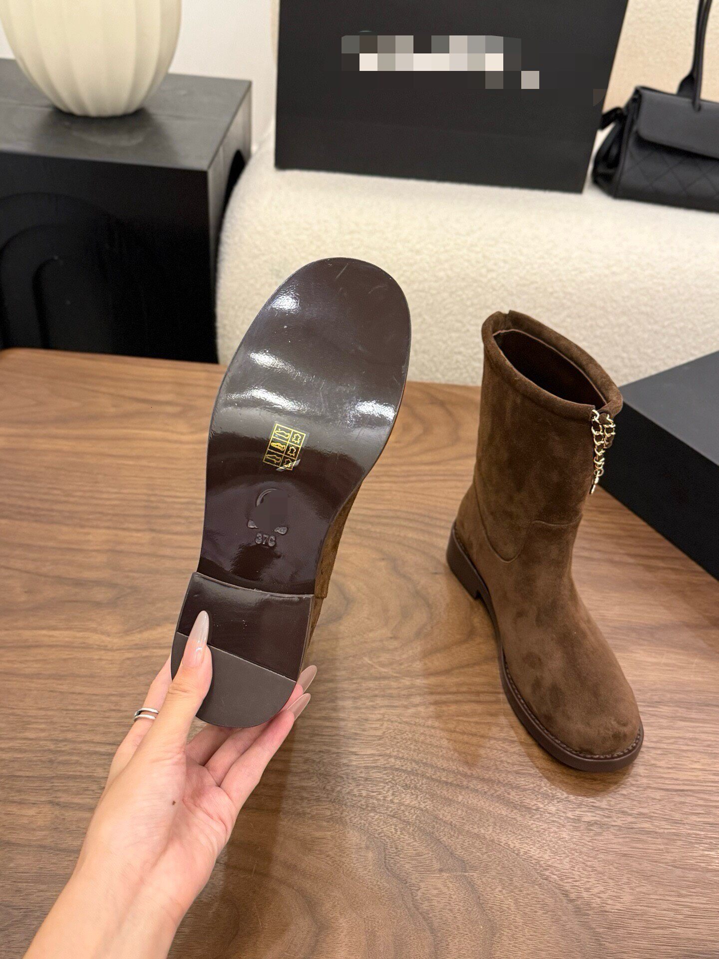 boot woman designer low heel chain matte round toe luxury comfortable black brown beige khaki work office vintage retro modern fashion casual grey y