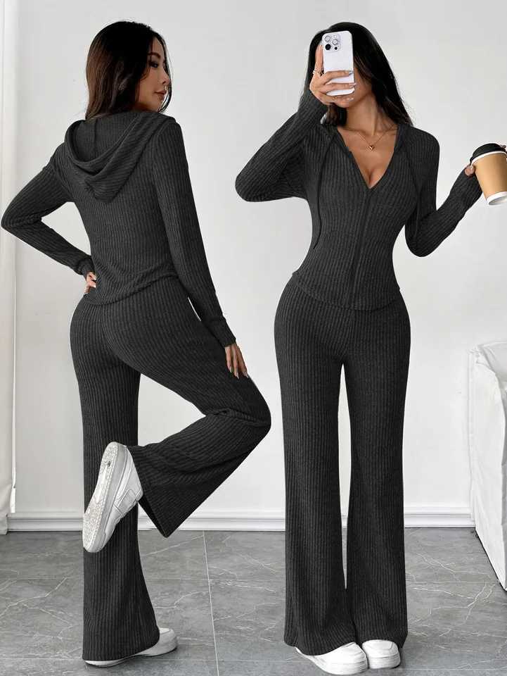 Pants Piece Women's Fashionable Two Casual Women's Solid Color Hooded Zipper Top And Loose Flared Pants Set Streetwear Style Comfortable O