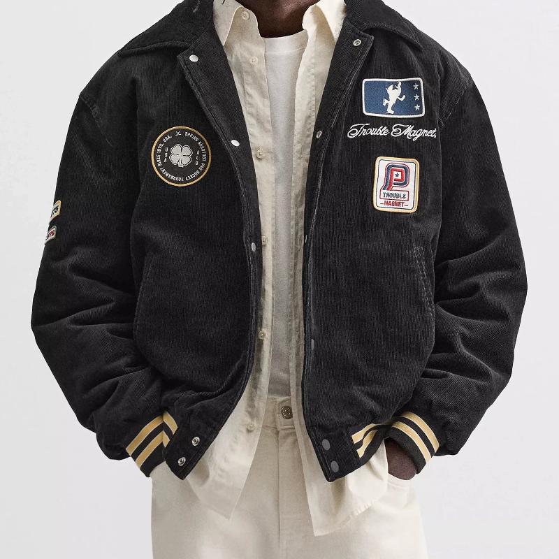 Veste rembourrée en velours côtelé pour hommes, manteau d'hiver ample et décontracté avec Patch brodé, vêtements d'extérieur chauds en mélange de