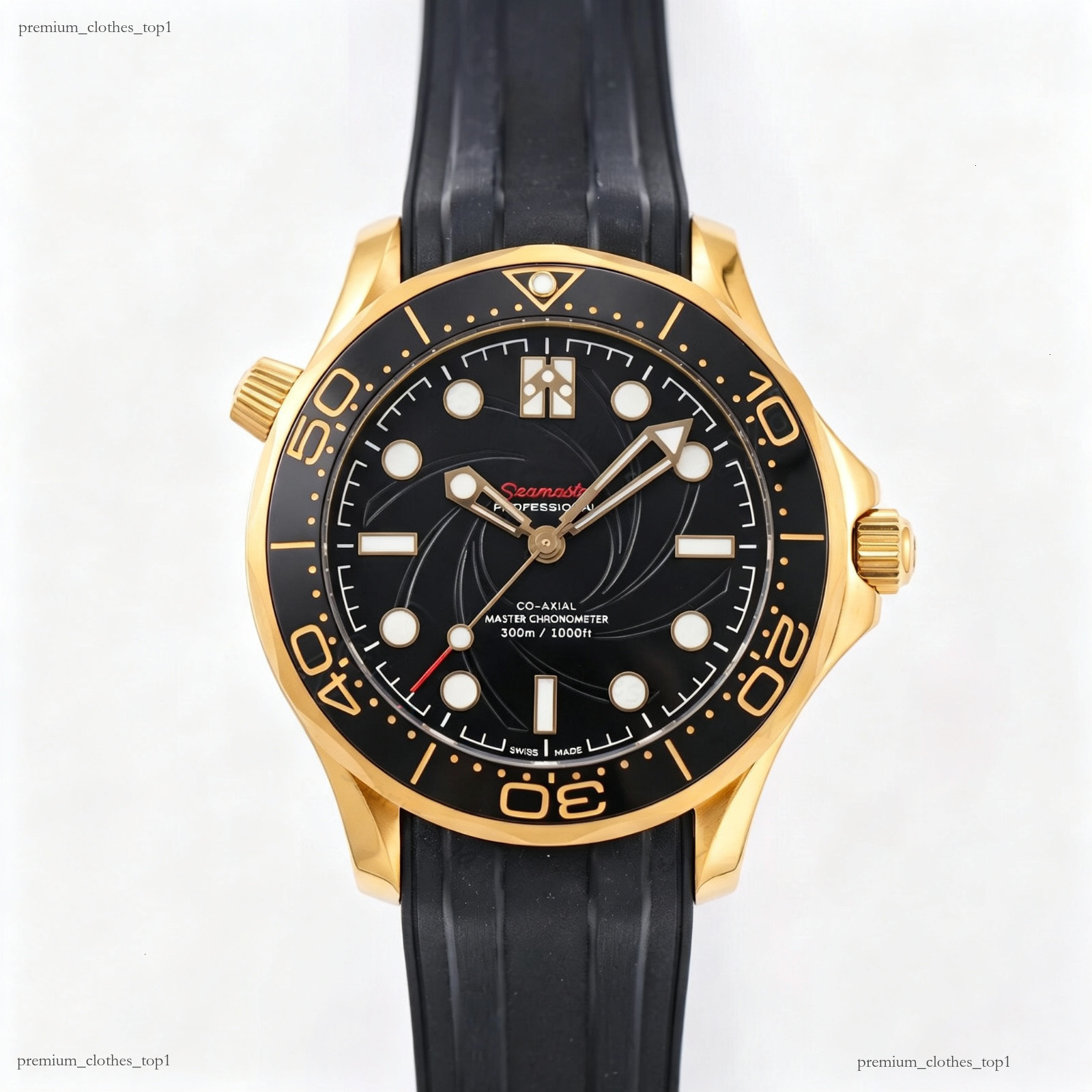 Omagaly Watch Business Wristwatch James Bond Stainless Steel Bracelet Ceramic Bezel Spiral Pattern Black Gold Dial Golden Hands Date Waterproof Men