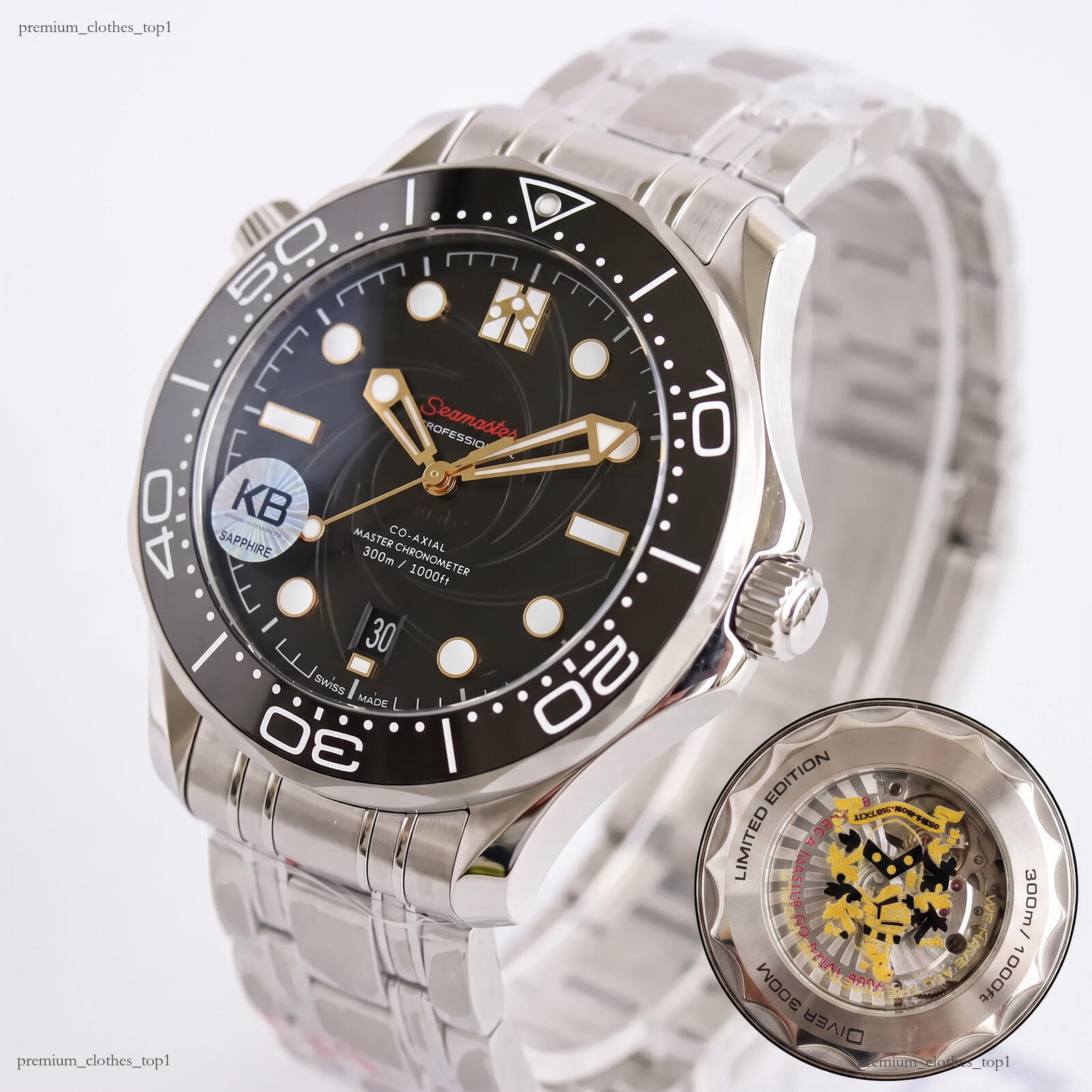 Omagaly Watch Business Wristwatch James Bond Stainless Steel Bracelet Ceramic Bezel Spiral Pattern Black Gold Dial Golden Hands Date Waterproof Men