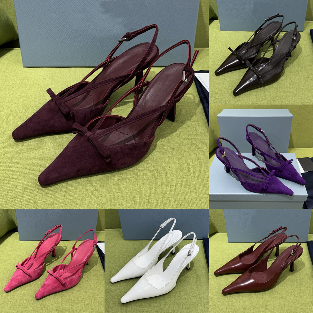 slingback woman designer stiletto point toe bow matte leather luxury comfortable pink purple black burgundy brown silver party vintage retro modern