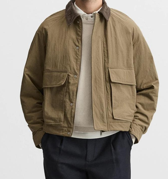 Men's Quilted Padded Jacket Lapel Collar Workwear Loose Fit Casual Autumn Winter Coat Solid Color Zip Up Outerwear