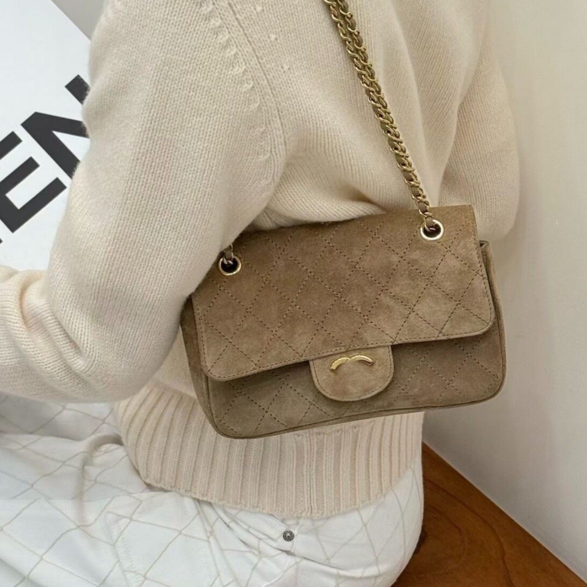 designer luxury Maxi Flap shoulder quilted mini crossbody suede Bag purse beige handbag nude small vintage work clutch gold real genuine leather cha