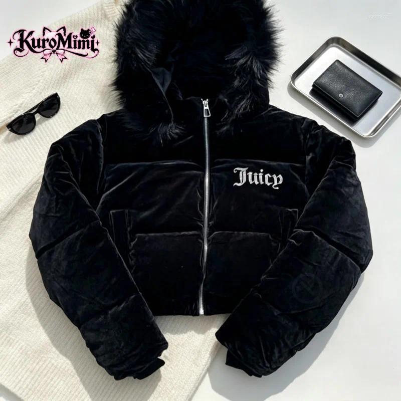 Women's Winter Warm Cropped Puffer Jacket Faux Fur Hood Zip Up Letter Print Cotton Coat Thick American Retro Streetwear