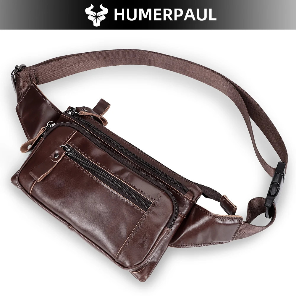 HUMERPAUL Mens Waist Fanny Pack Cowhide Classic Belt Bag Natural Leather Travel Outdoor Sling Chest Bags with Phone Pocket 261009
