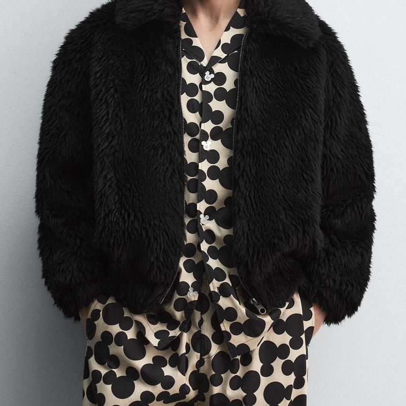Designer Men Winter Faux Fur Lapel Warm Jacket Thick Polyester Coat Zip Up Solid Black Streetwear Long Sleeve Outerwear S-4XL