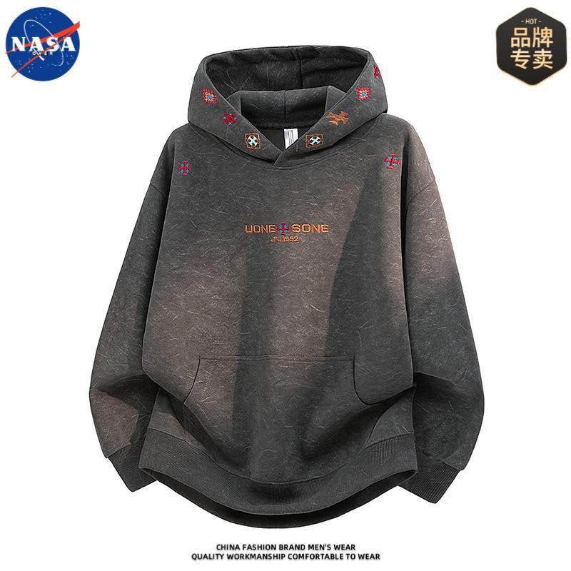 NASA brand high-quality large pocket heavy embroidery hooded sweatshirt for men, casual loose top for spring and autumn, trendy 3 af