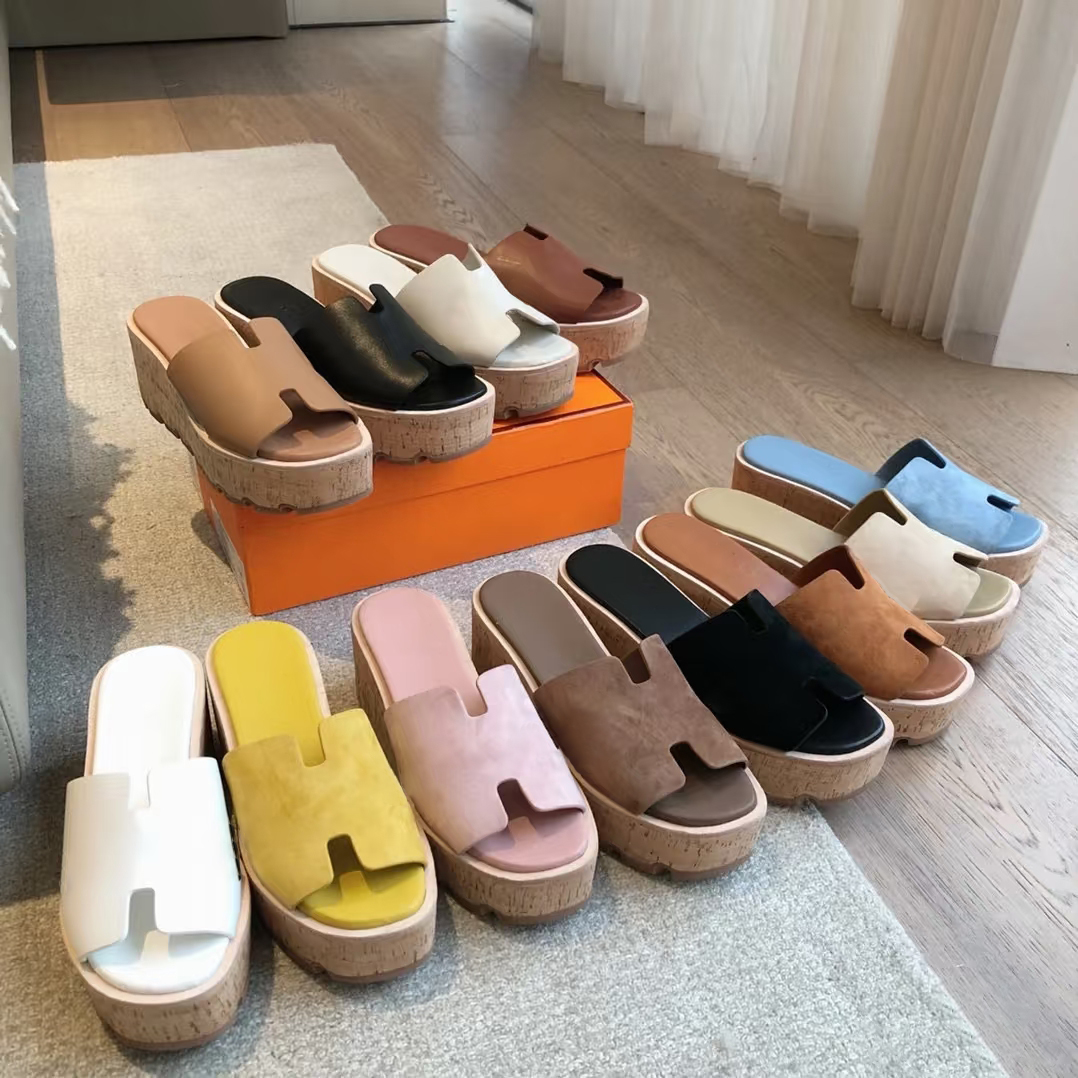 Designer H Cutout Wedge Sandals for Womens Leather Luxury Cork Platform Slip On Summer Beach Casual Vacation Elegant Everyday Comfortable Dating New