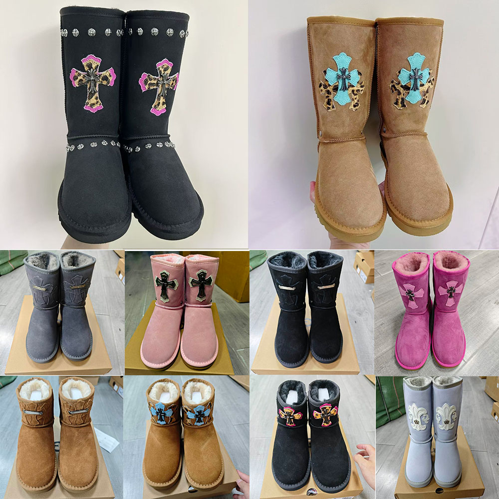 Designer Snow Unisex Soled Brown Black Pink Mid Length Winter Non Slip Warm Thick Sole Chrome Leopard Print Boots