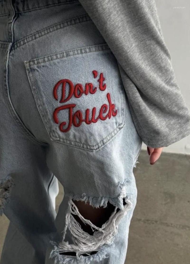 Women's Ripped Embroidered Jeans Low-waist Straight Classic Regular Fit Comfortable And Stretchy Vintage Clothing
