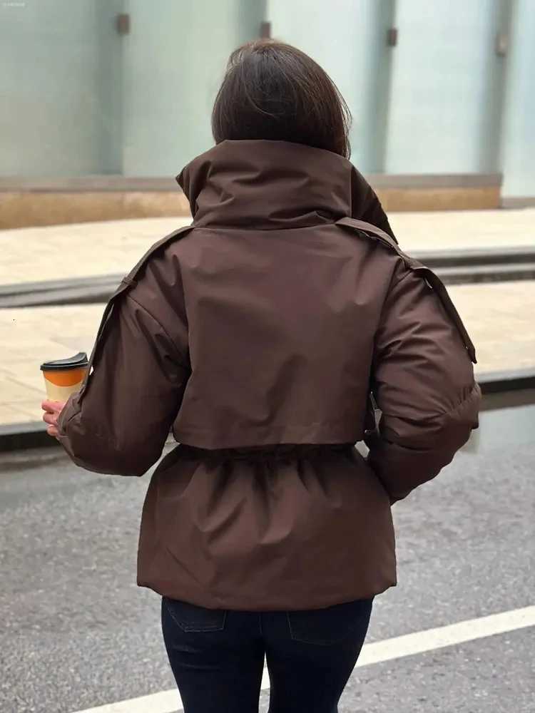 Women Parkas Women's Down Brown Drawstring Waist Padded Jacket High Collar Long Sleeve Big Pocket Short Coat Lady Casual Winter Warm Outerwear
