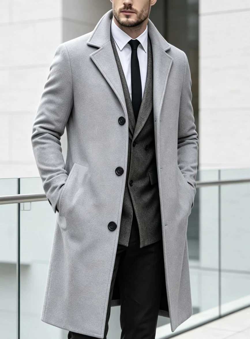 2026 Autumn Winter Men's Mid-Length Woolen Coat Business Casual Slim Fit Lapel Wool Blend Trench Vesatlie Coat Fashion Outerwear X261008