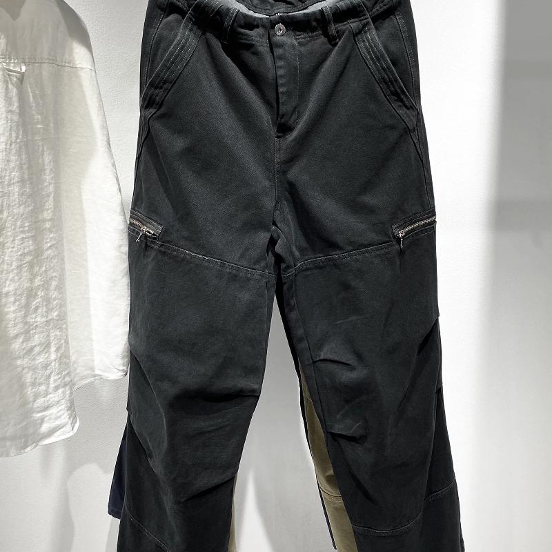 Men's 100% cotton washed cargo pants, loose straight mid-rise pleated casual trousers for autumn and winter, street style