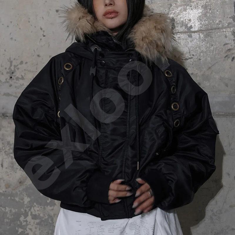 Fur Trim Hooded Cropped Bomber Jacket For Women Eyelet Lace Up Detail Oversized Sleeve Drawstring Hem Y2K Streetwear Winter Outerwear