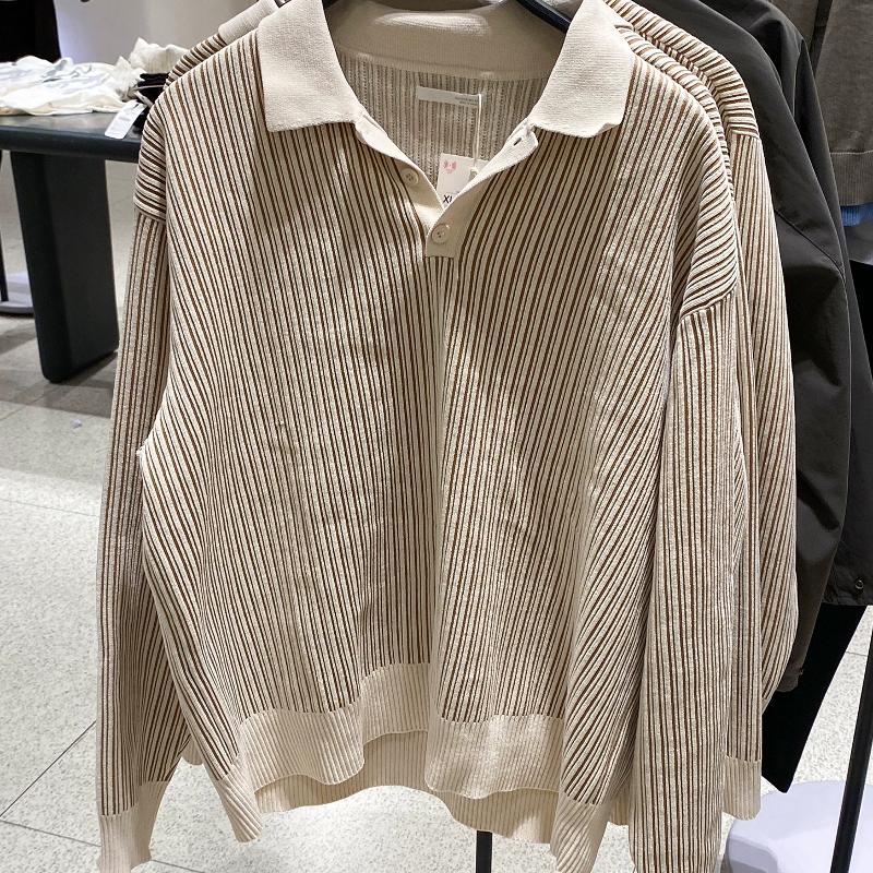 Designer Men's Autumn Winter Striped Chenille Knit Polo Sweater Long Sleeve Button Pullover Casual Commute Regular Fit Top